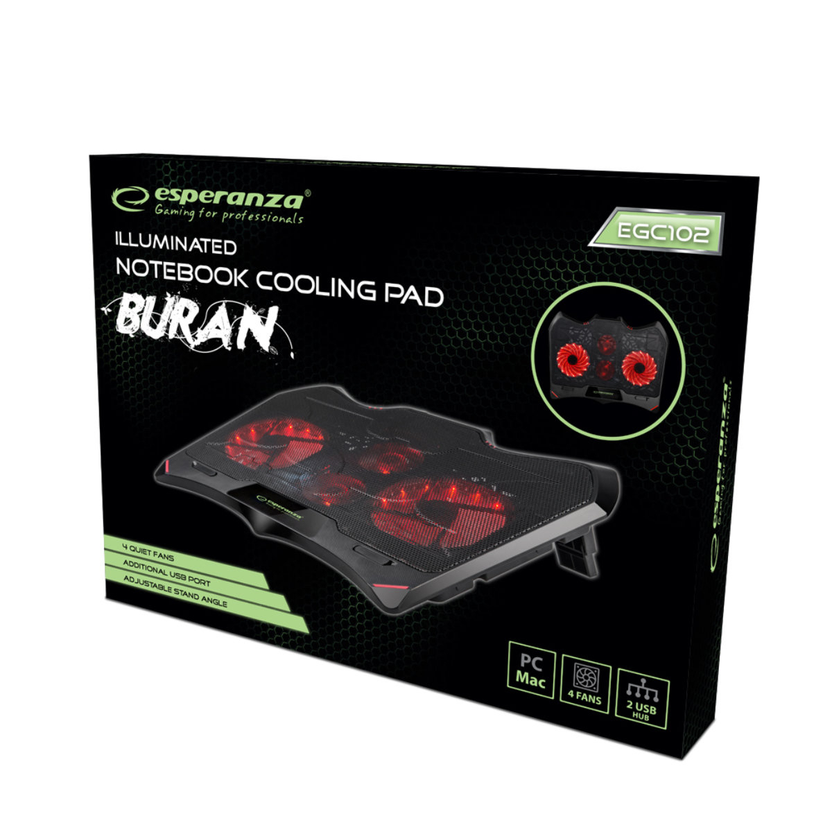 Cooler Laptop Esperanza Buran, iluminare Led, 4 ventilatoare, 2 port USB, pozitie reglabila, negru [4]