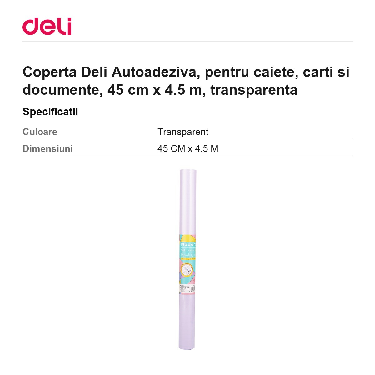 Coperta Deli Autoadeziva, pentru caiete, carti si documente, 45 cm x 4.5 m, transparenta [3]