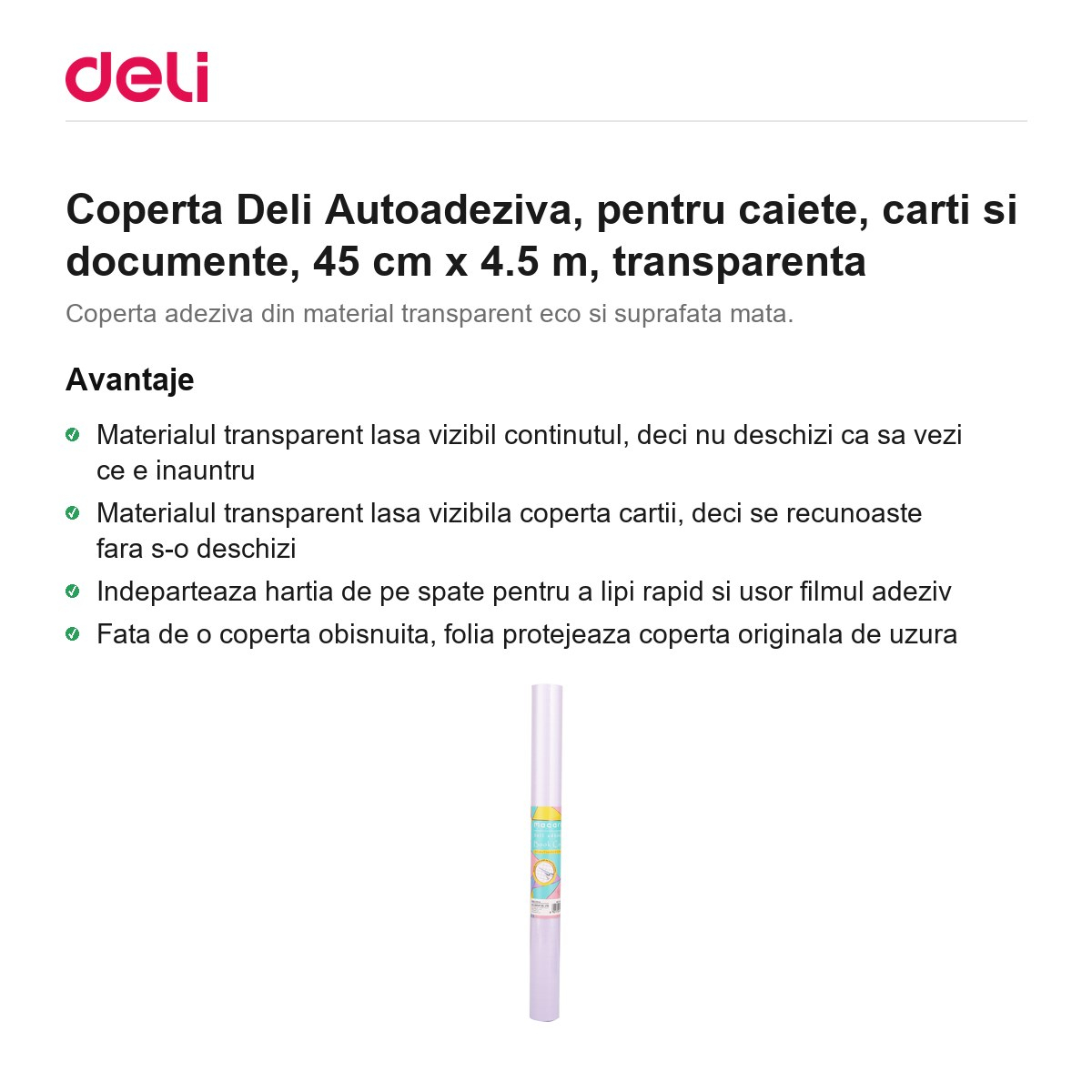 Coperta Deli Autoadeziva, pentru caiete, carti si documente, 45 cm x 4.5 m, transparenta [2]