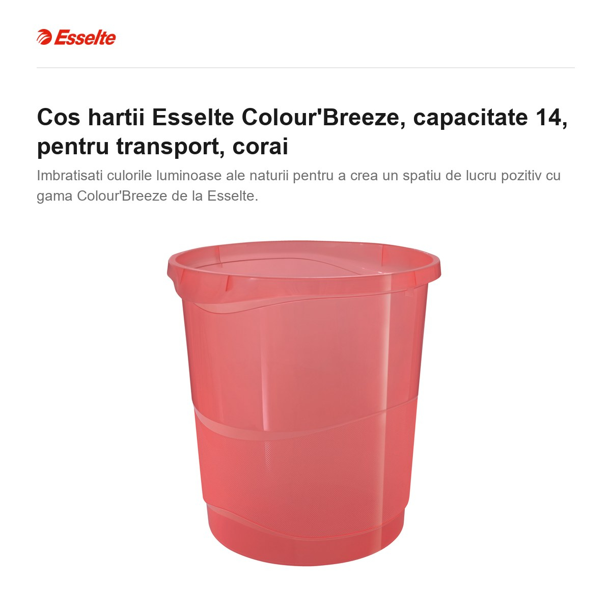 Cos hartii Esselte Colour'Breeze, capacitate 14, pentru transport, corai [2]