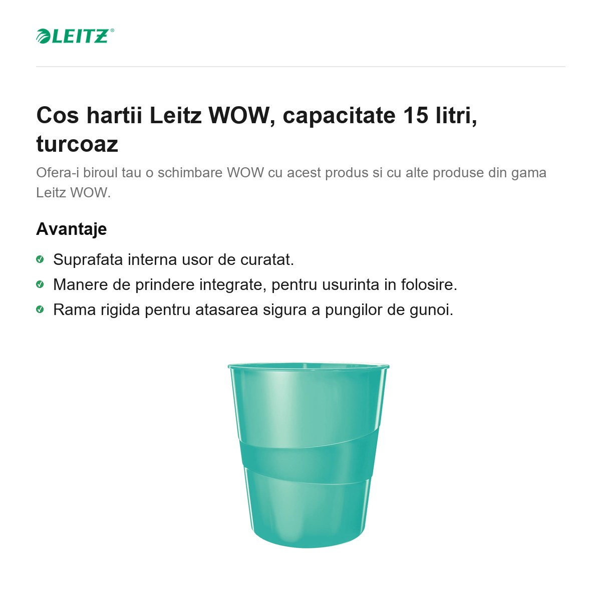 Cos hartii Leitz WOW, capacitate 15 litri, turcoaz [2]