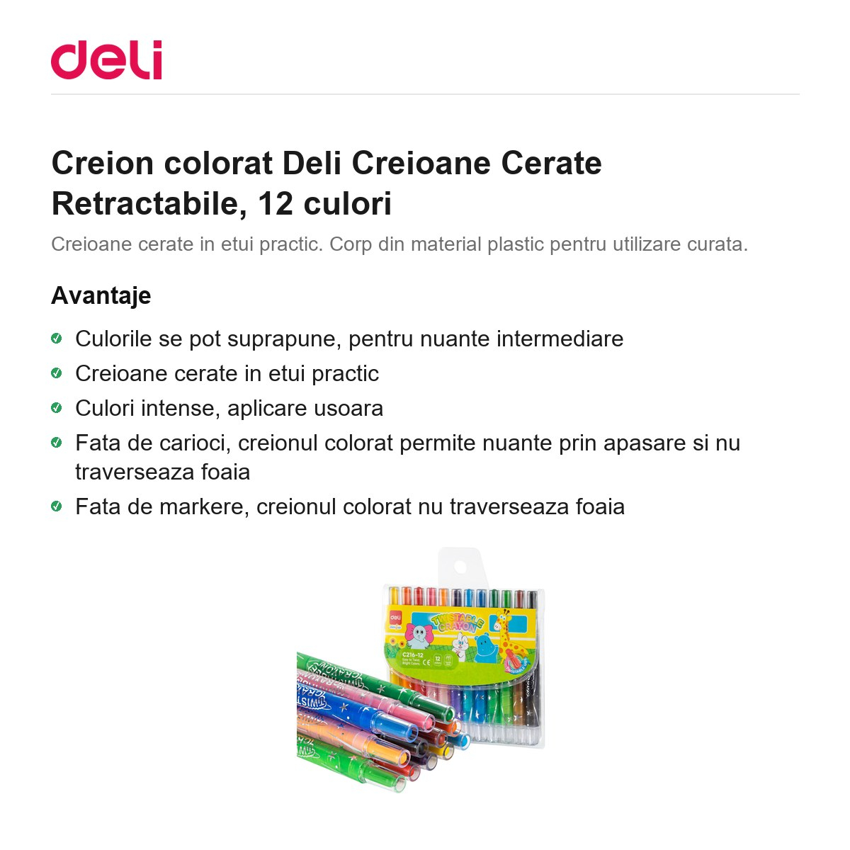 Creion colorat Deli Creioane Cerate Retractabile, 12 culori [2]