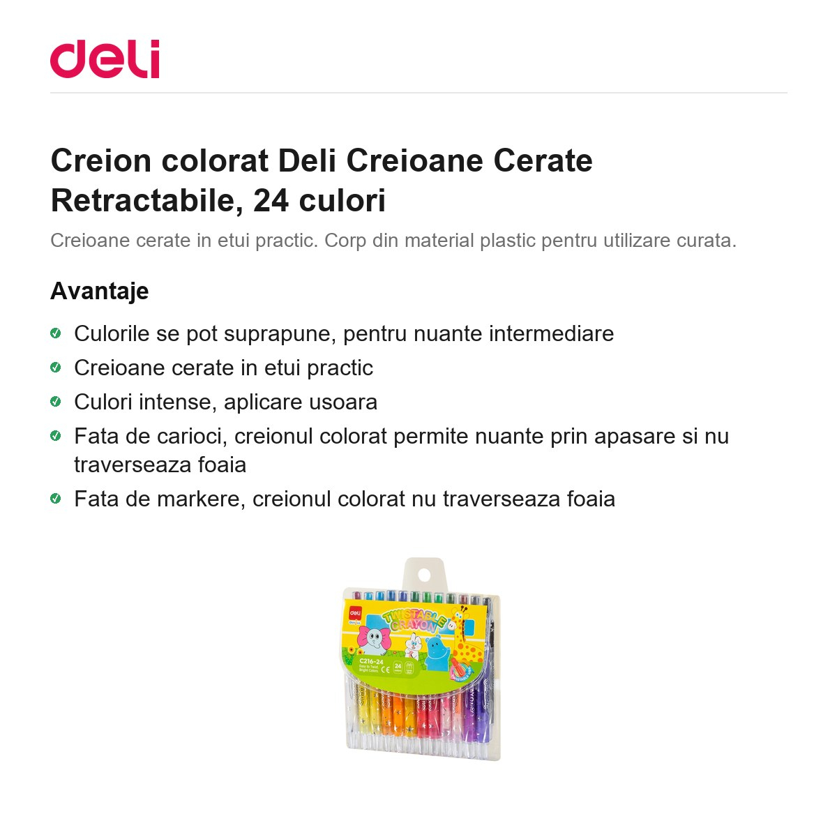 Creion colorat Deli Creioane Cerate Retractabile, 24 culori [2]
