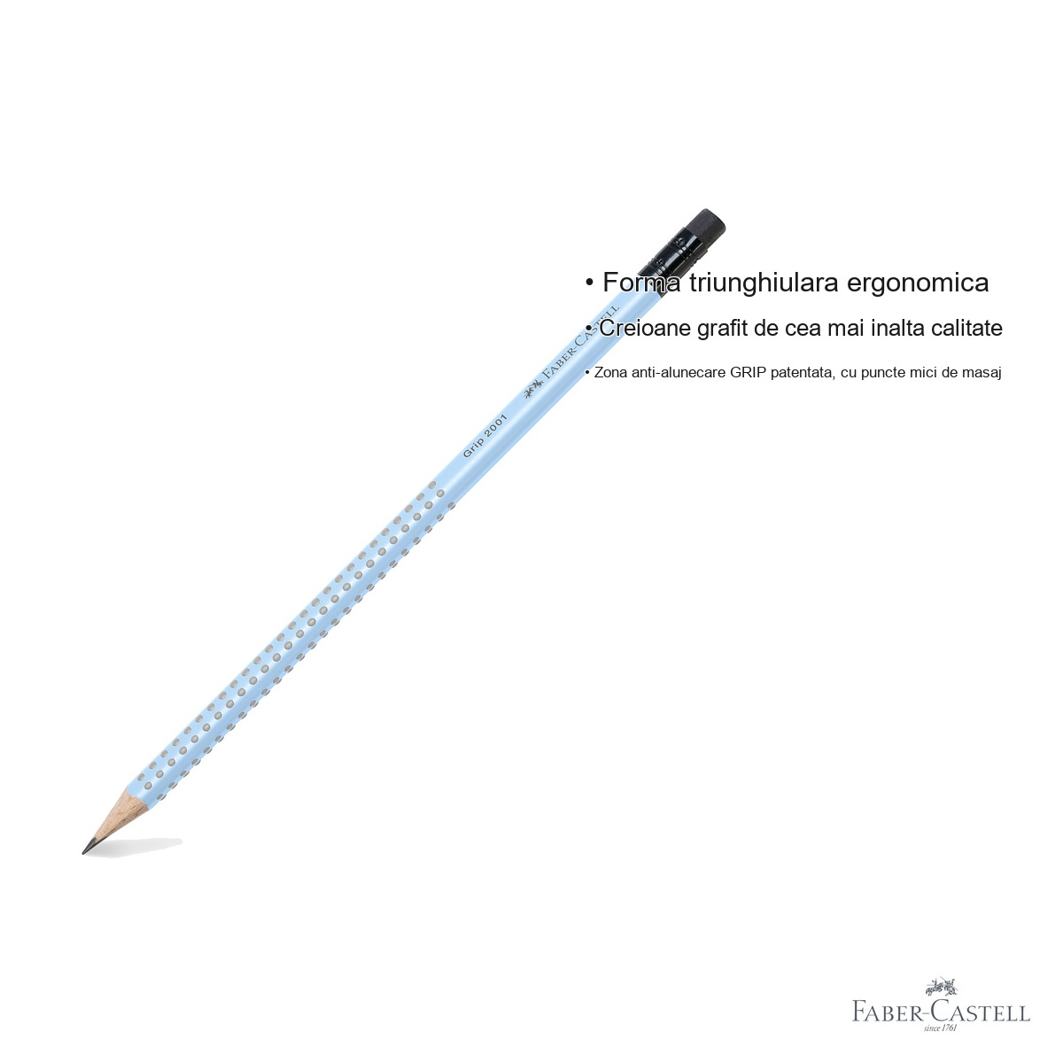 Creion grafit cu guma Faber-Castell Grip 2001 Bleu Sky, mina B, forma ergonomica triunghiulara [6]