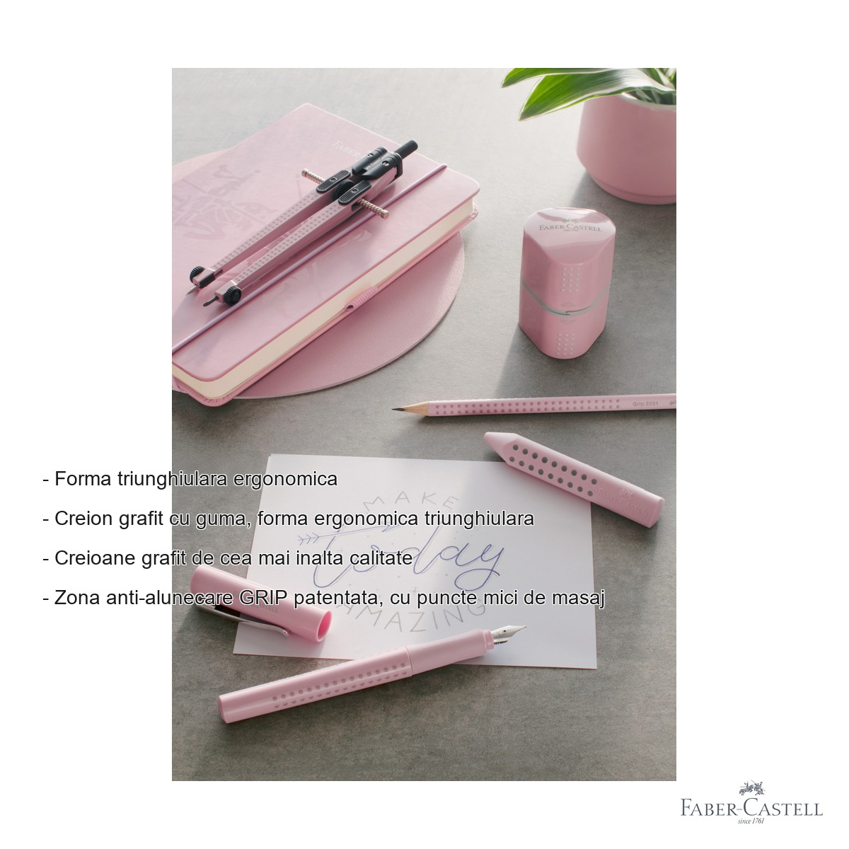 Creion grafit cu guma Faber-Castell Grip 2001 Rose, mina B, forma triunghiulara ergonomica [4]