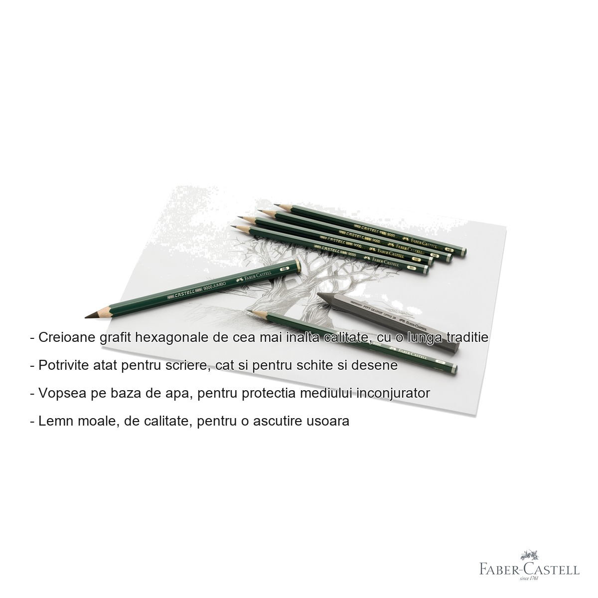 Creion grafit Faber-Castell Castell 9000, duritate 2B, hexagonal, pentru desen si schite [3]