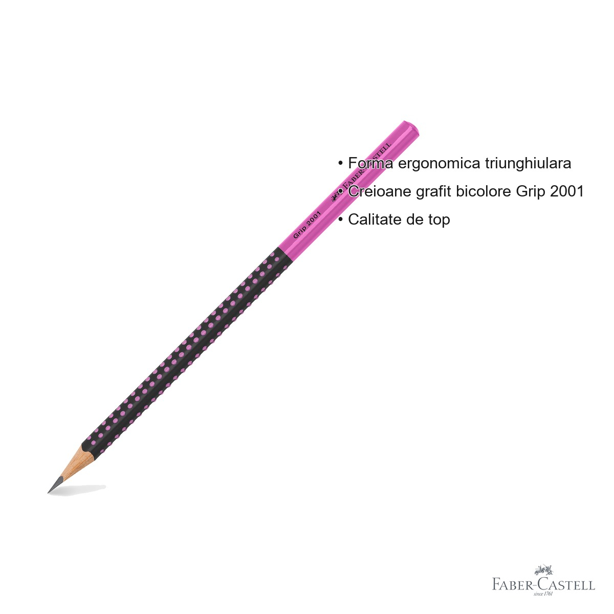 Creion grafit Faber-Castell Grip 2001 Two Tone, mina B, forma ergonomica triunghiulara, negru-roz [6]