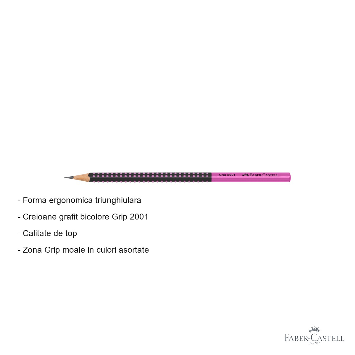Creion grafit Faber-Castell Grip 2001 Two Tone, mina B, forma ergonomica triunghiulara, negru-roz [4]