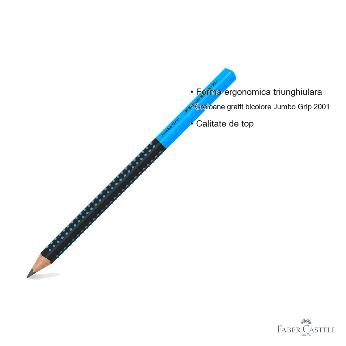 Creion grafit Faber-Castell Jumbo Grip Two Tone, mina B, forma ergonomica triunghiulara, negru-albastru [5]
