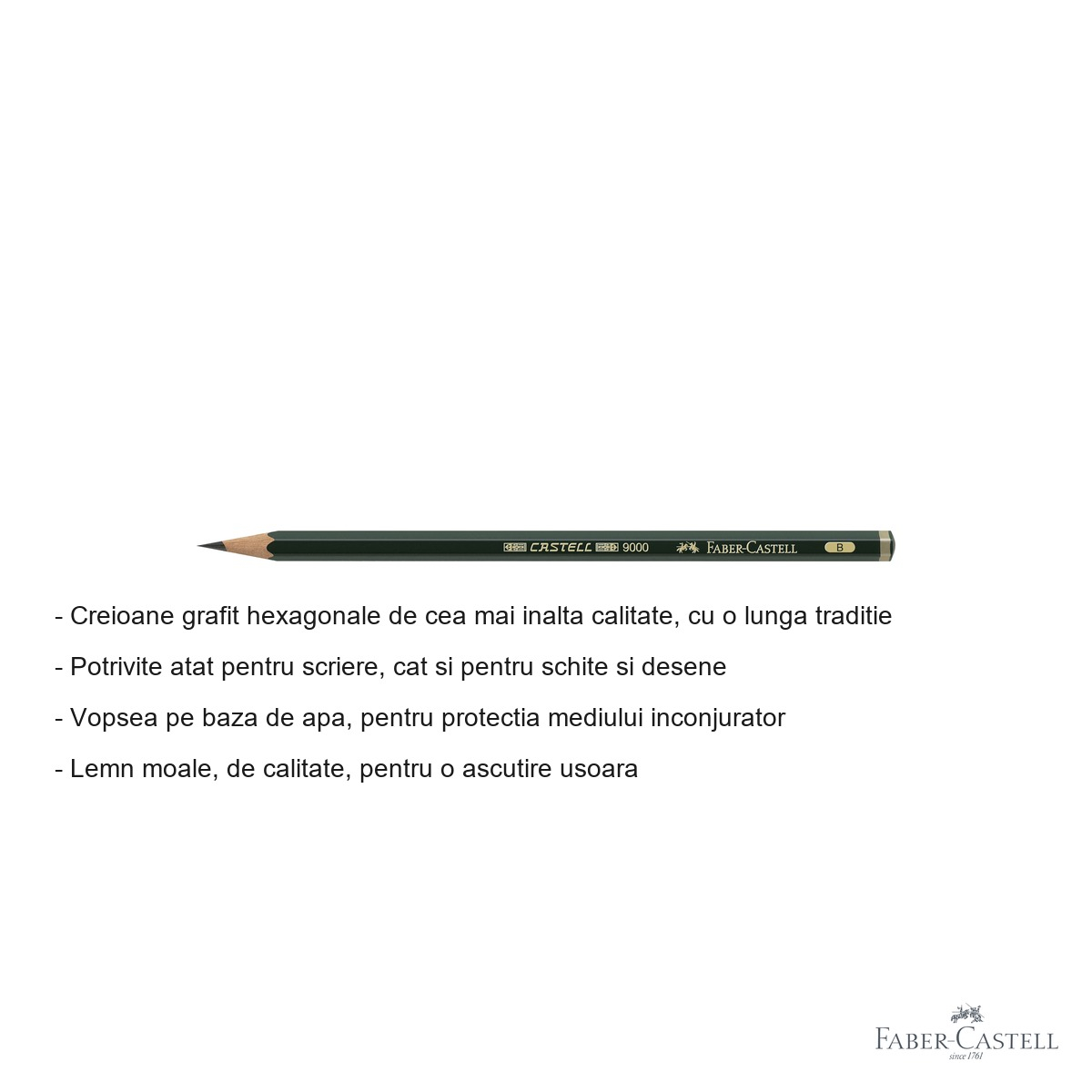 Creion grafit hexagonal Faber-Castell 9000, mina B, pentru scriere si desen [3]
