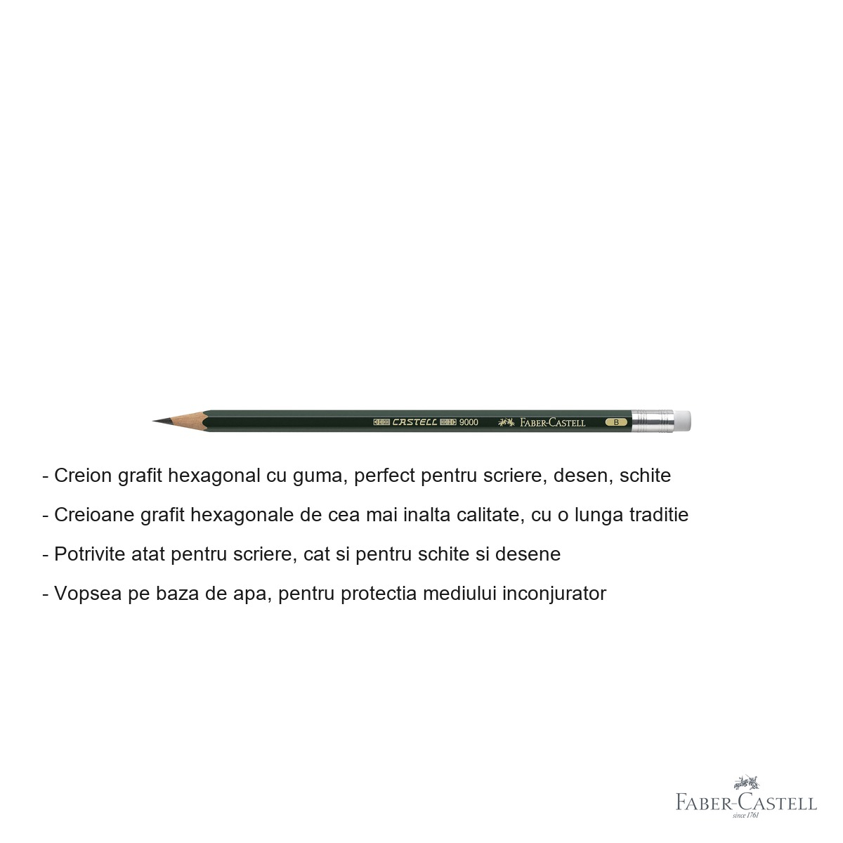 Creion grafit hexagonal Faber-Castell Castell 9000, mina B cu guma, pentru scriere si desen [4]