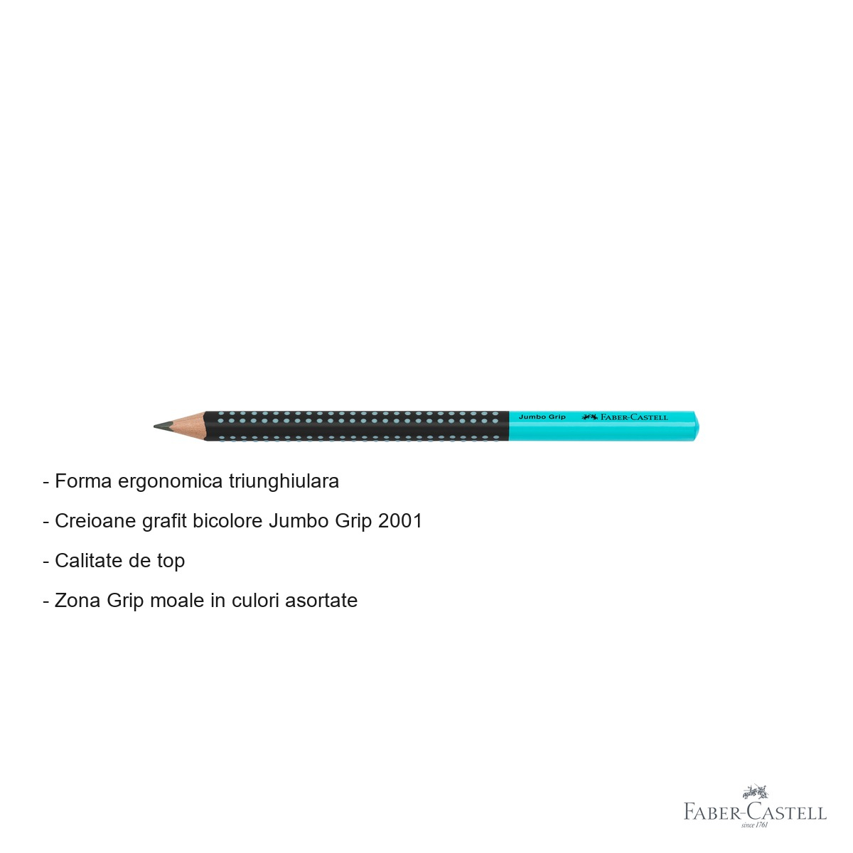 Creion grafit Jumbo Grip Two Tone Faber-Castell, mina B, forma triunghiulara ergonomica, negru-turcoaz [3]