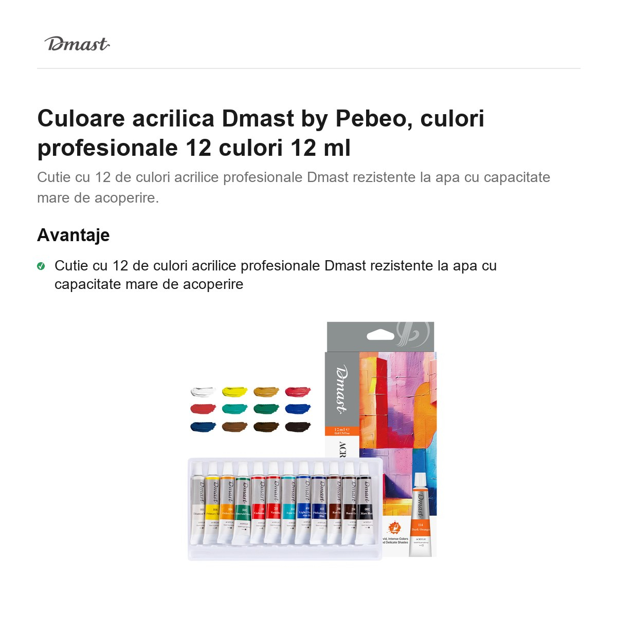 Culoare acrilica Dmast by Pebeo, culori profesionale 12 culori 12 ml [2]