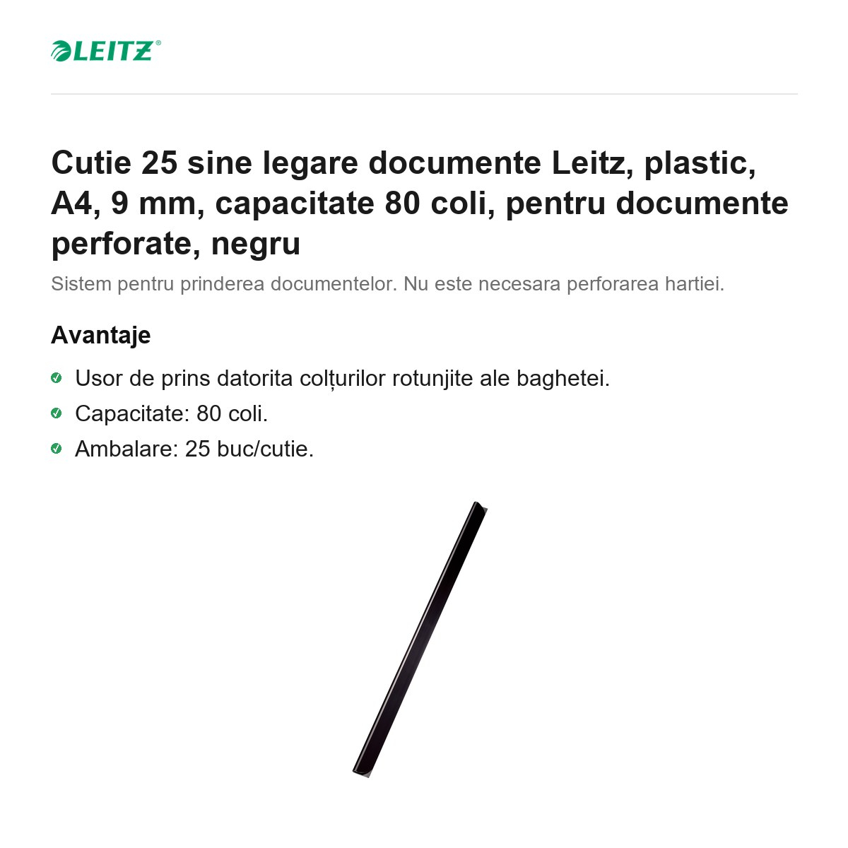 Cutie 25 sine legare documente Leitz, plastic, A4, 9 mm, capacitate 80 coli, pentru documente perforate, negru [2]
