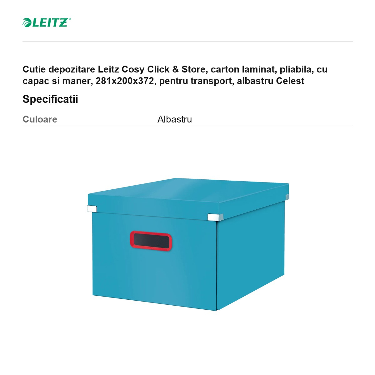 Cutie depozitare Leitz Cosy Click & Store, carton laminat, pliabila, cu capac si maner, 281x200x372, pentru transport, albastru Celest [3]