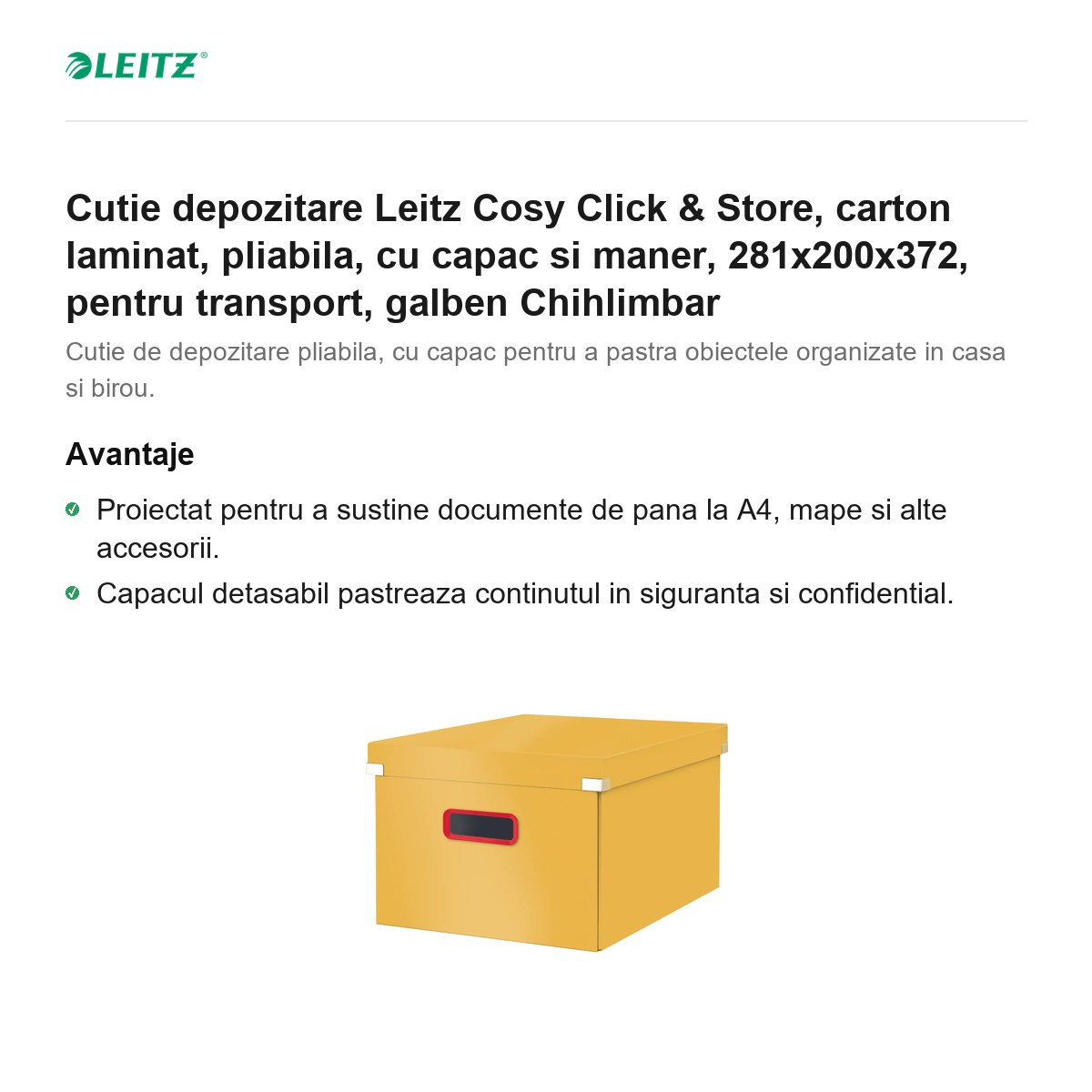 Cutie depozitare Leitz Cosy Click & Store, carton laminat, pliabila, cu capac si maner, 281x200x372, pentru transport, galben Chihlimbar [2]