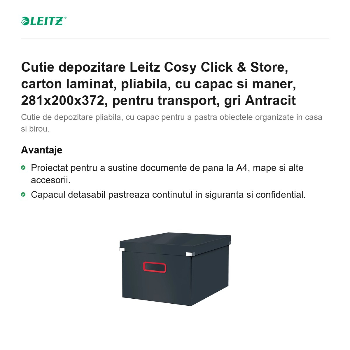 Cutie depozitare Leitz Cosy Click & Store, carton laminat, pliabila, cu capac si maner, 281x200x372, pentru transport, gri Antracit [2]