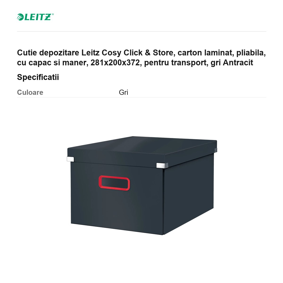 Cutie depozitare Leitz Cosy Click & Store, carton laminat, pliabila, cu capac si maner, 281x200x372, pentru transport, gri Antracit [3]