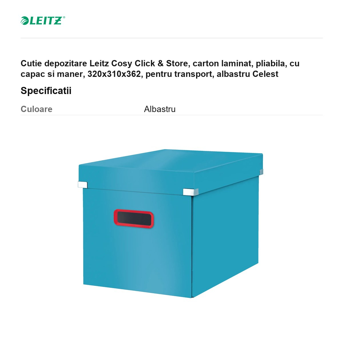 Cutie depozitare Leitz Cosy Click & Store, carton laminat, pliabila, cu capac si maner, 320x310x362, pentru transport, albastru Celest [3]