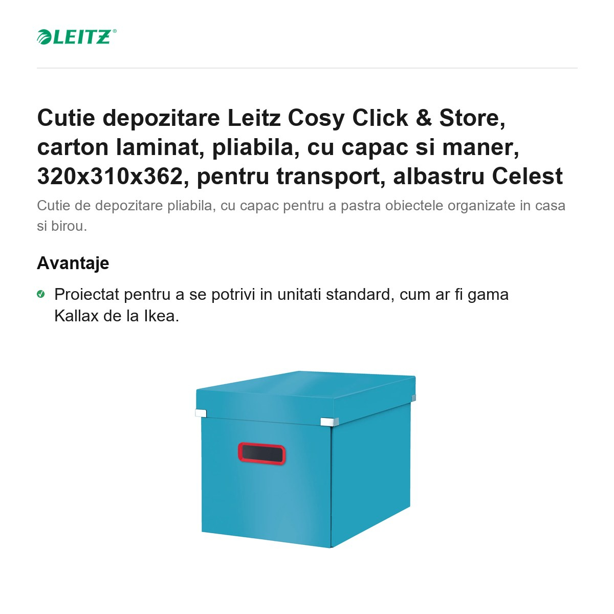 Cutie depozitare Leitz Cosy Click & Store, carton laminat, pliabila, cu capac si maner, 320x310x362, pentru transport, albastru Celest [2]