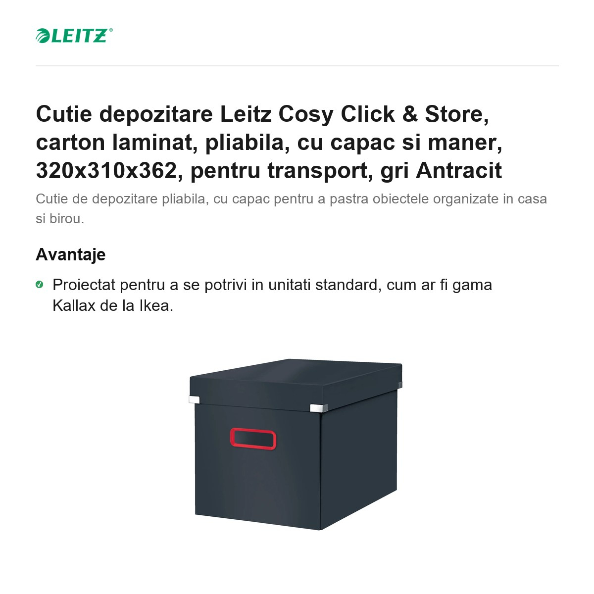 Cutie depozitare Leitz Cosy Click & Store, carton laminat, pliabila, cu capac si maner, 320x310x362, pentru transport, gri Antracit [2]