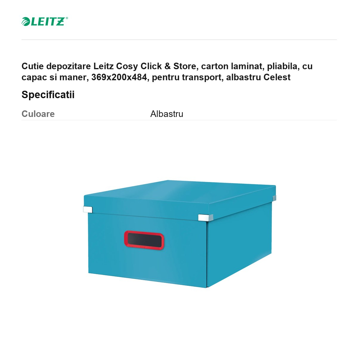 Cutie depozitare Leitz Cosy Click & Store, carton laminat, pliabila, cu capac si maner, 369x200x484, pentru transport, albastru Celest [3]