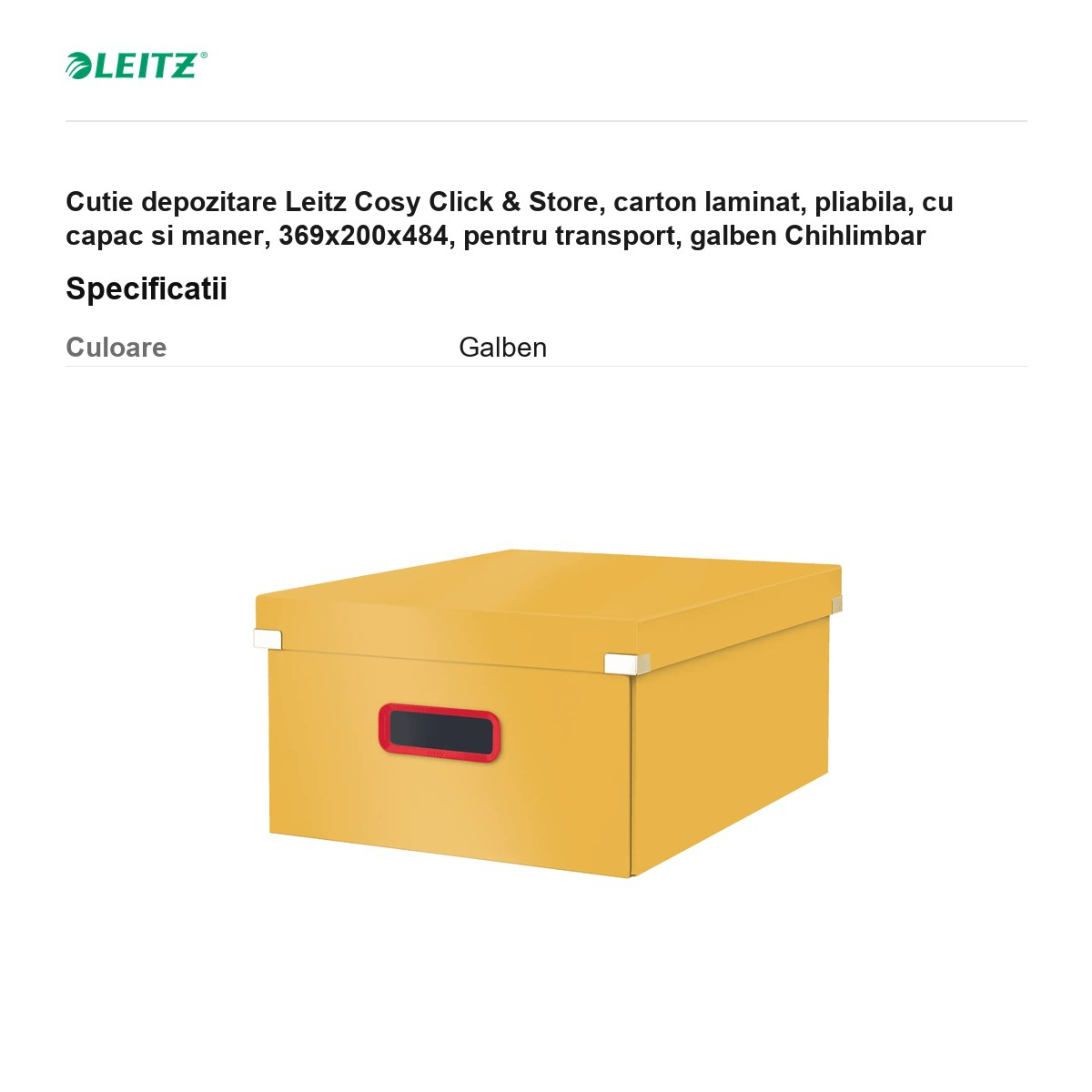 Cutie depozitare Leitz Cosy Click & Store, carton laminat, pliabila, cu capac si maner, 369x200x484, pentru transport, galben Chihlimbar [3]