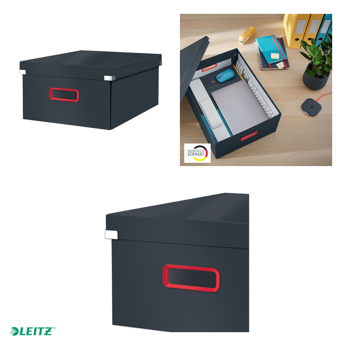 Cutie depozitare Leitz Cosy Click & Store, carton laminat, pliabila, cu capac si maner, 369x200x484, pentru transport, gri Antracit [4]