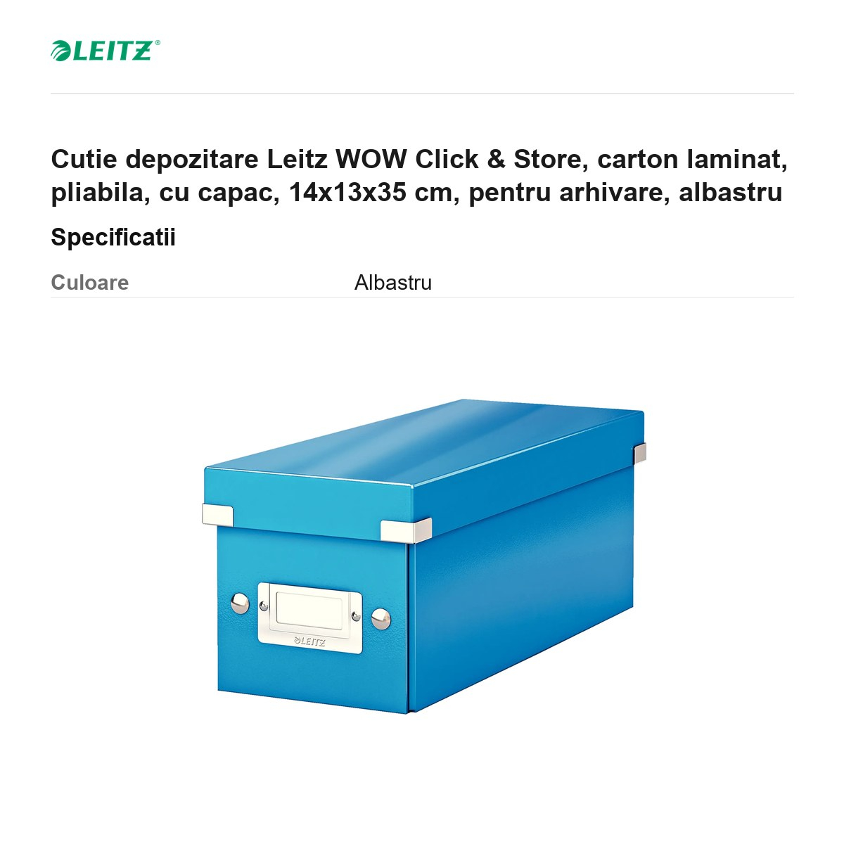 Cutie depozitare Leitz WOW Click & Store, carton laminat, pliabila, cu capac, 14x13x35 cm, pentru arhivare, albastru [3]