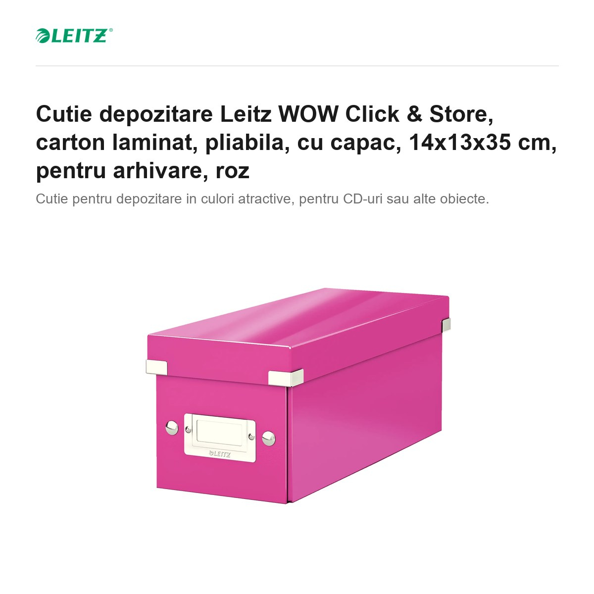 Cutie depozitare Leitz WOW Click & Store, carton laminat, pliabila, cu capac, 14x13x35 cm, pentru arhivare, roz [2]