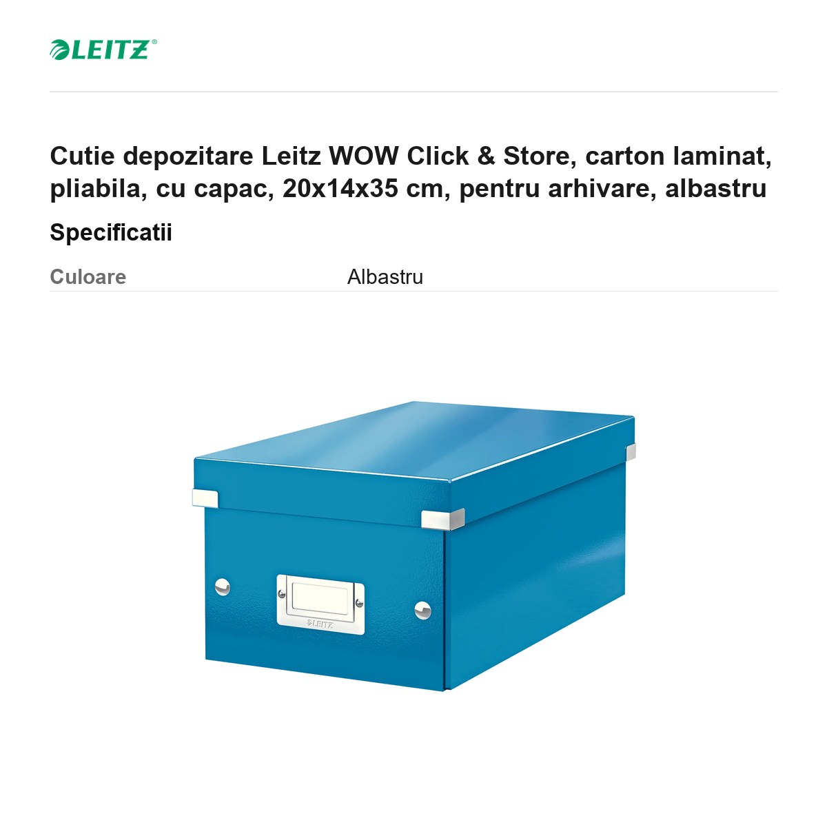 Cutie depozitare Leitz WOW Click & Store, carton laminat, pliabila, cu capac, 20x14x35 cm, pentru arhivare, albastru [3]