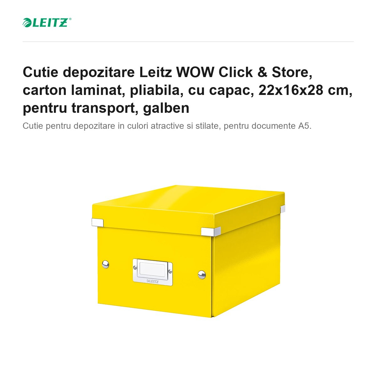 Cutie depozitare Leitz WOW Click & Store, carton laminat, pliabila, cu capac, 22x16x28 cm, pentru transport, galben [2]