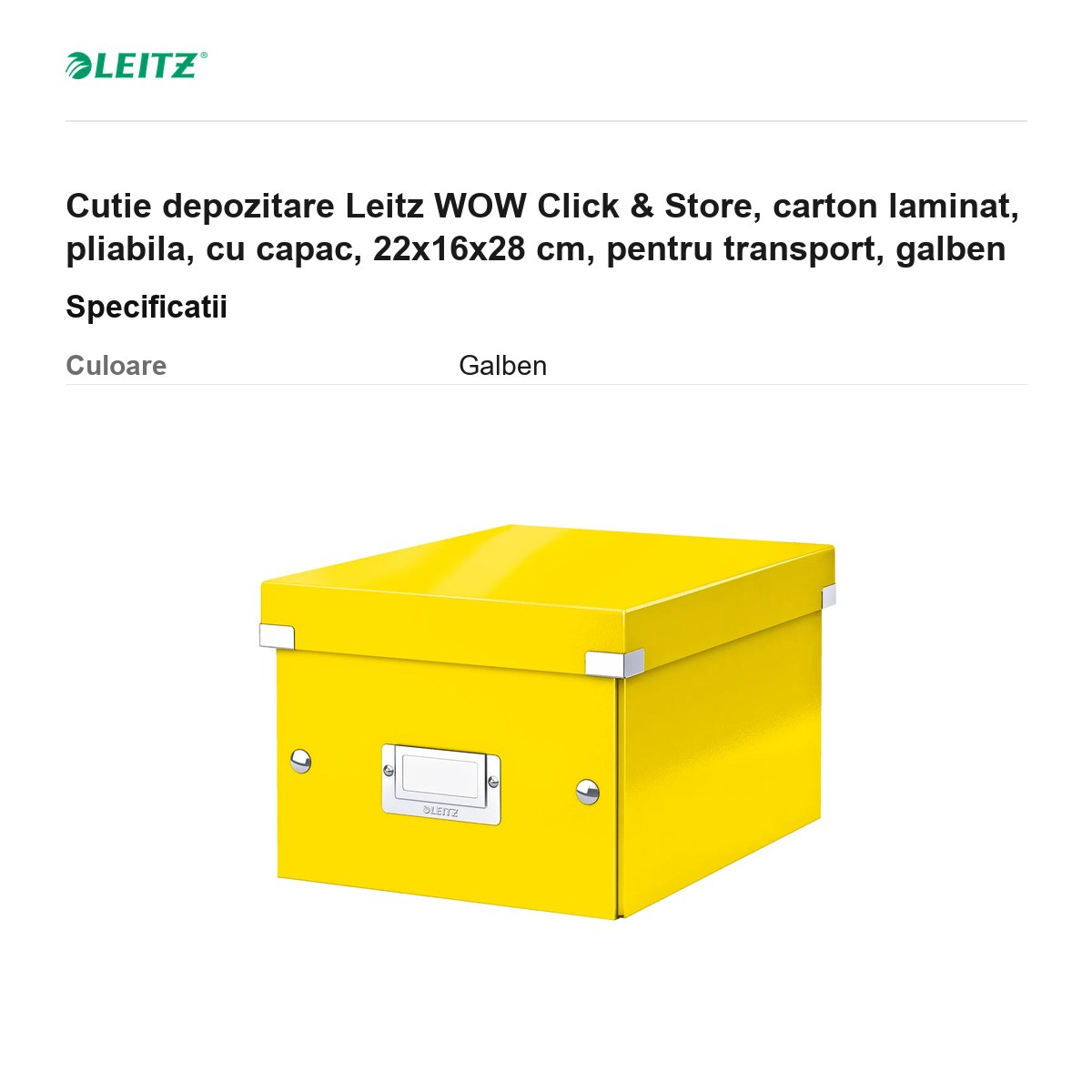 Cutie depozitare Leitz WOW Click & Store, carton laminat, pliabila, cu capac, 22x16x28 cm, pentru transport, galben [3]