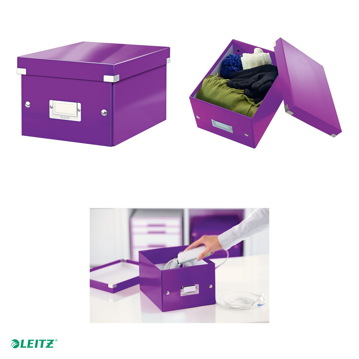 Cutie depozitare Leitz WOW Click & Store, carton laminat, pliabila, cu capac, 22x16x28 cm, pentru transport, mov [4]