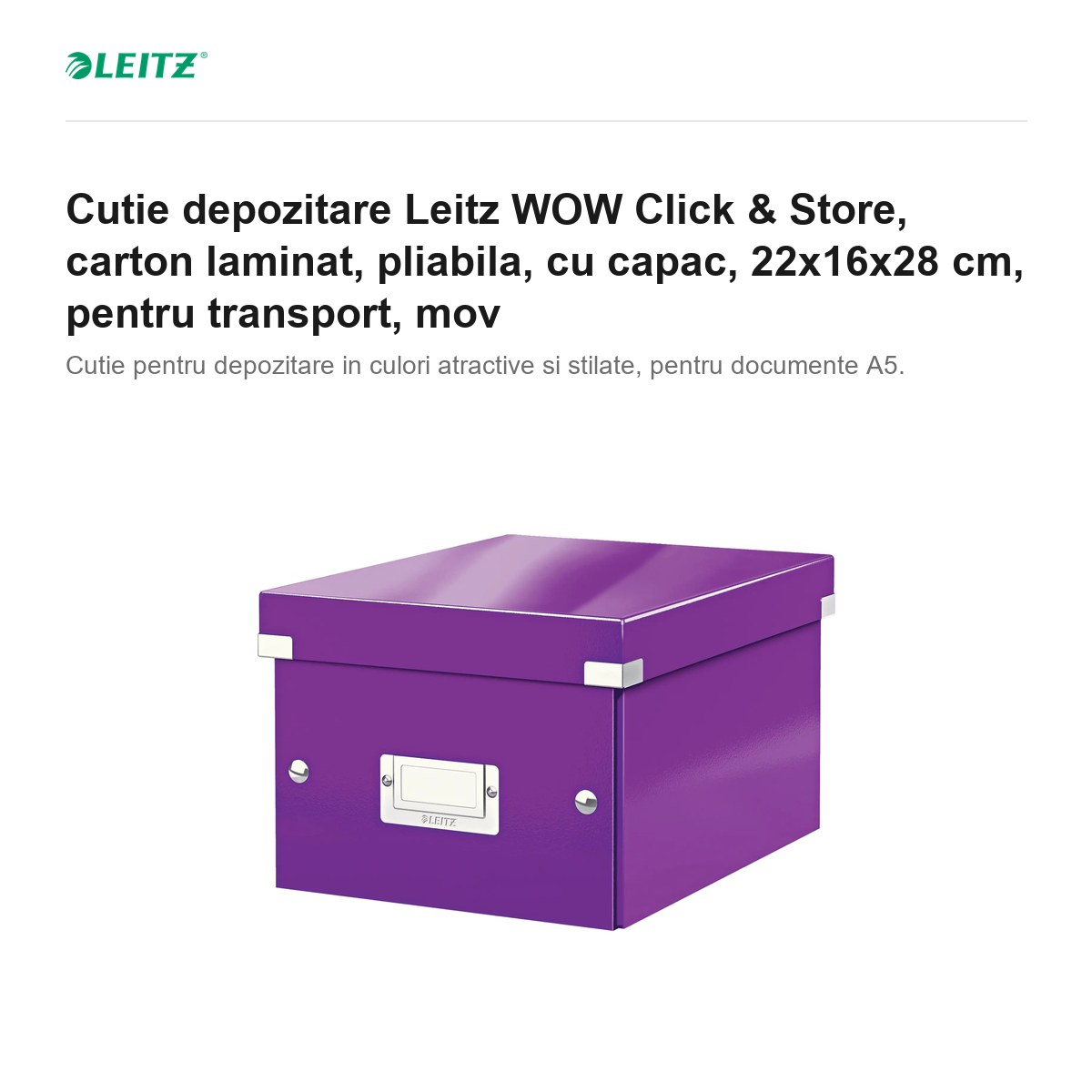 Cutie depozitare Leitz WOW Click & Store, carton laminat, pliabila, cu capac, 22x16x28 cm, pentru transport, mov [2]