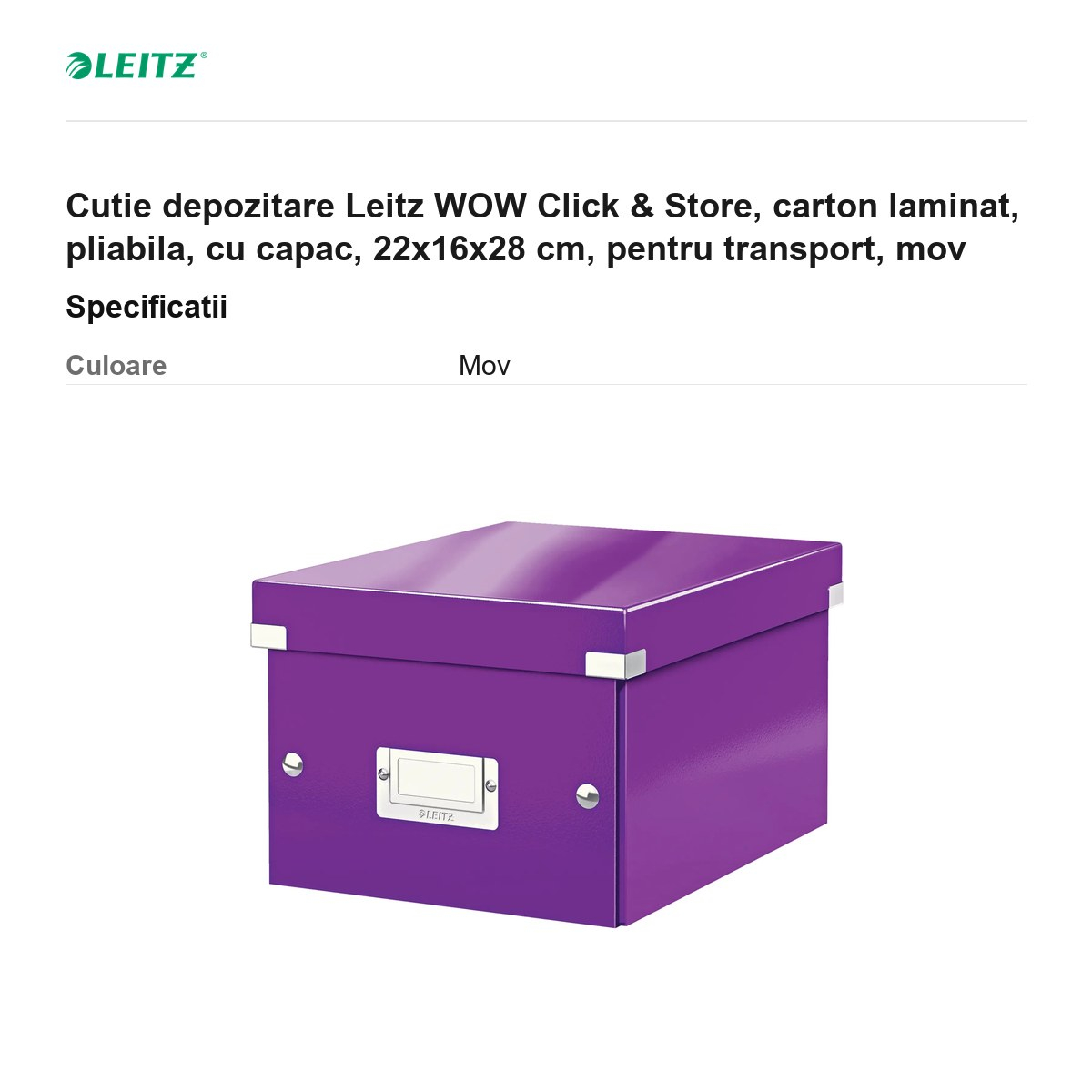 Cutie depozitare Leitz WOW Click & Store, carton laminat, pliabila, cu capac, 22x16x28 cm, pentru transport, mov [3]