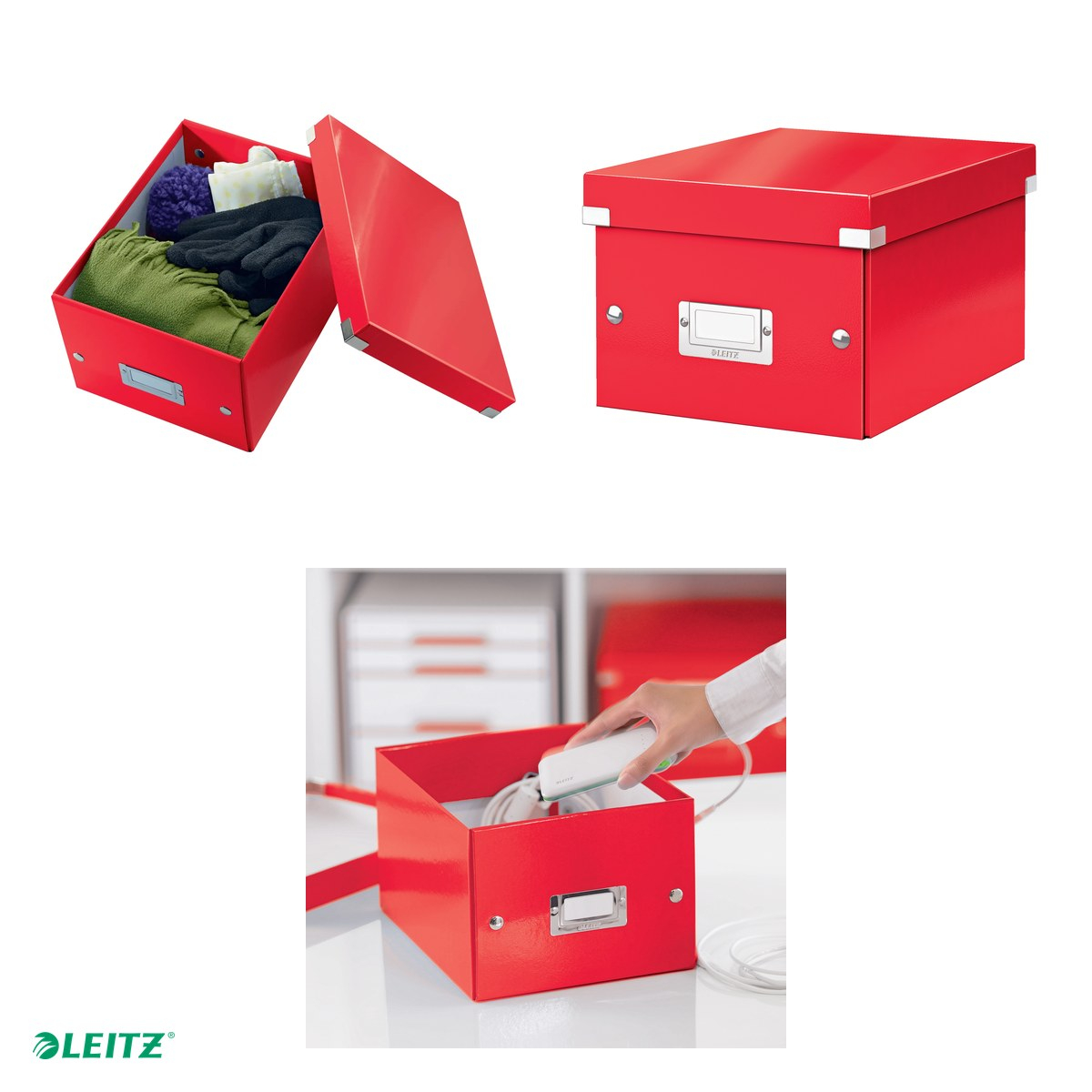 Cutie depozitare Leitz WOW Click & Store, carton laminat, pliabila, cu capac, 22x16x28 cm, pentru transport, rosu [4]