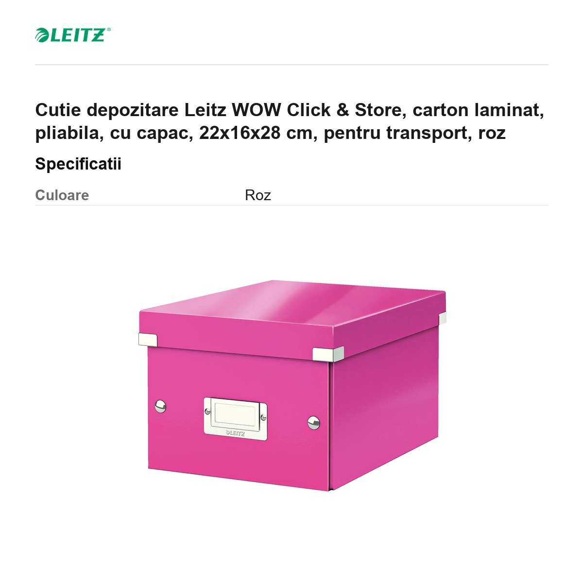 Cutie depozitare Leitz WOW Click & Store, carton laminat, pliabila, cu capac, 22x16x28 cm, pentru transport, roz [3]