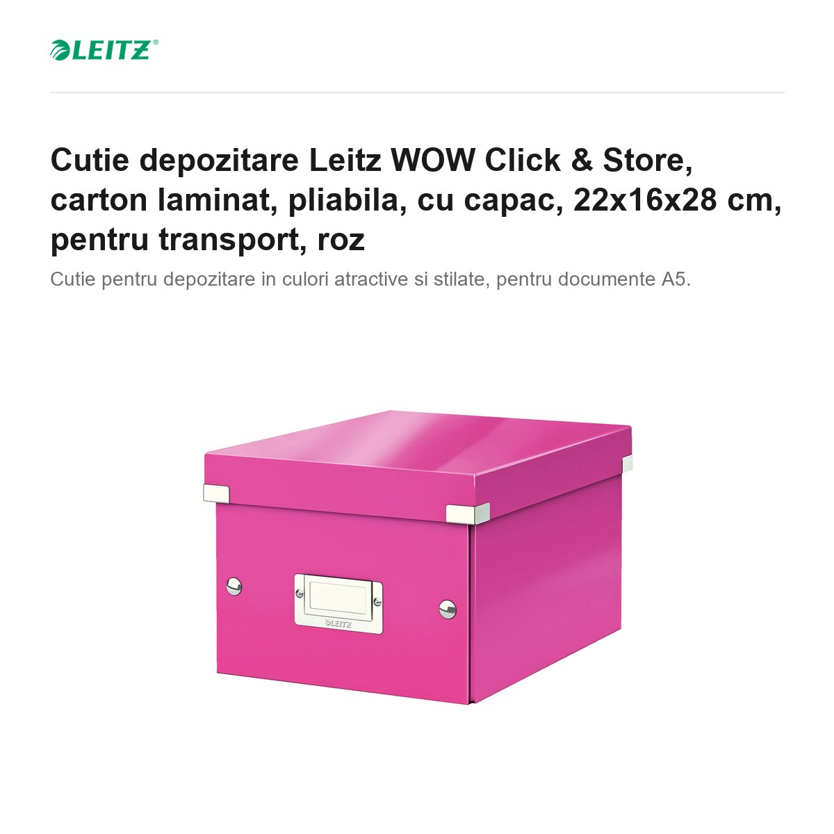 Cutie depozitare Leitz WOW Click & Store, carton laminat, pliabila, cu capac, 22x16x28 cm, pentru transport, roz [2]