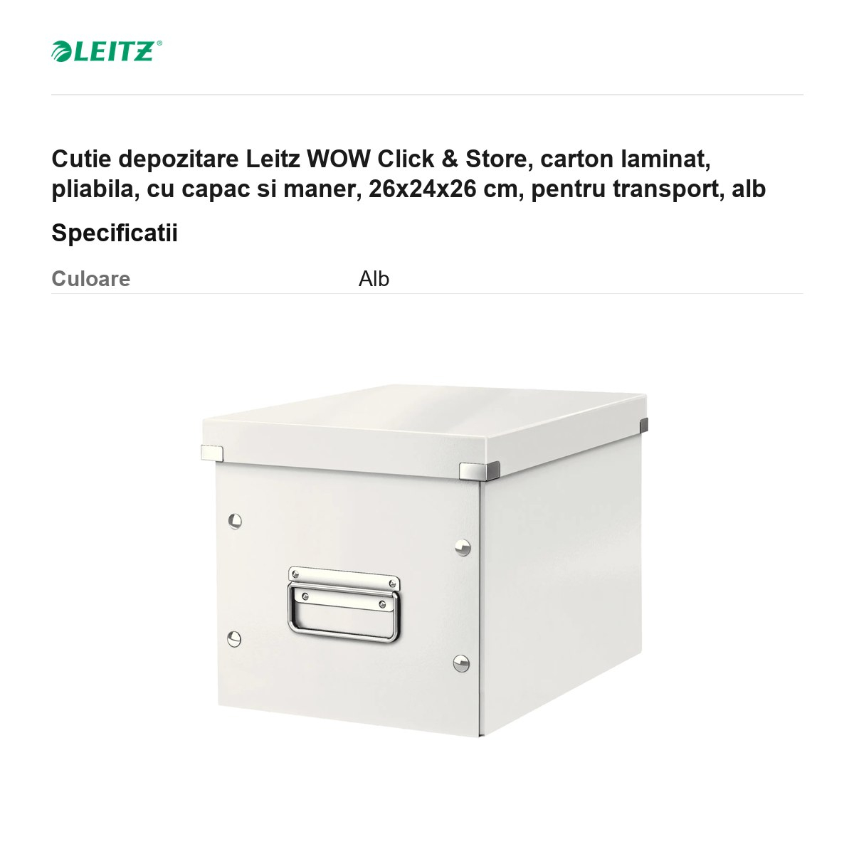 Cutie depozitare Leitz WOW Click & Store, carton laminat, pliabila, cu capac si maner, 26x24x26 cm, pentru transport, alb [3]