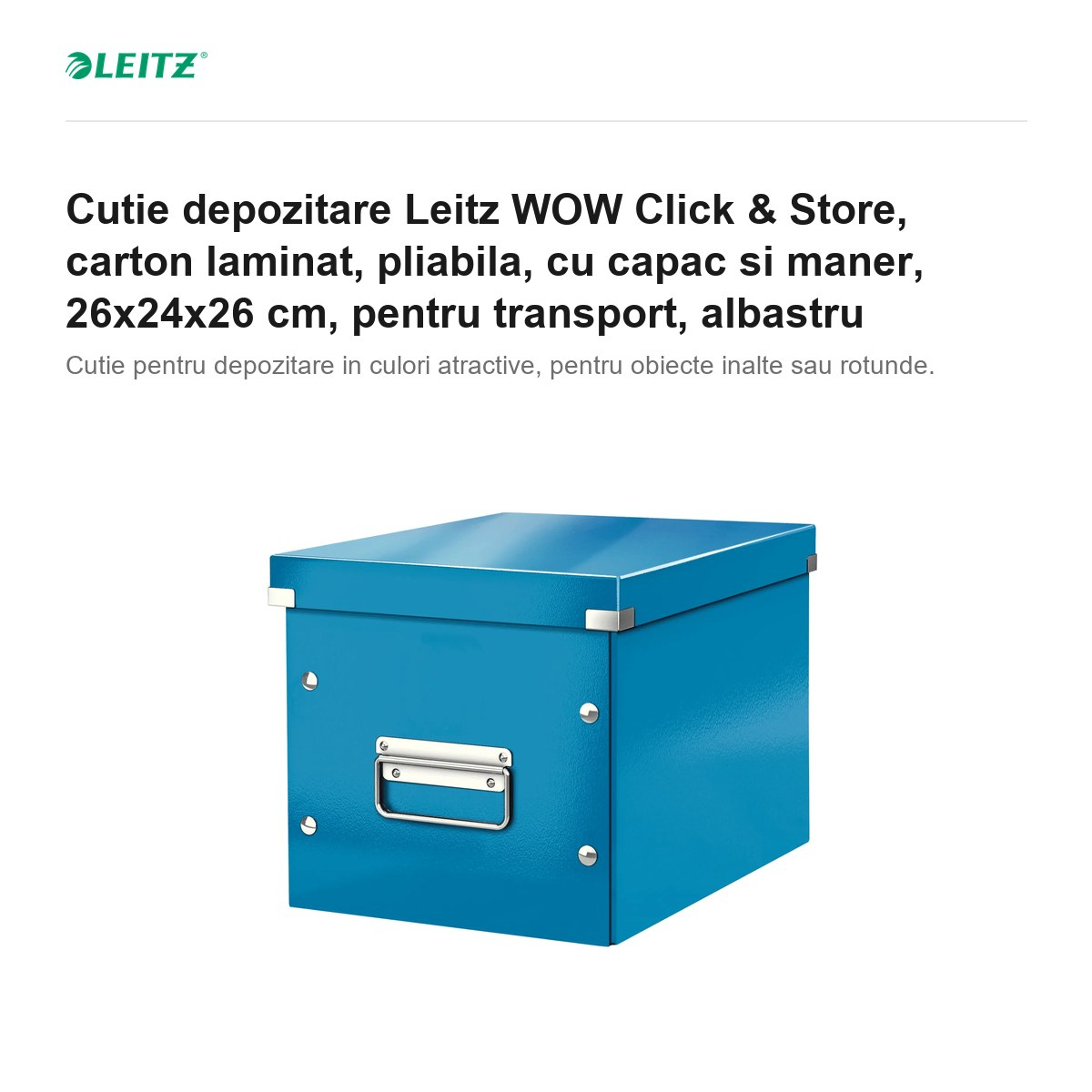 Cutie depozitare Leitz WOW Click & Store, carton laminat, pliabila, cu capac si maner, 26x24x26 cm, pentru transport, albastru [2]