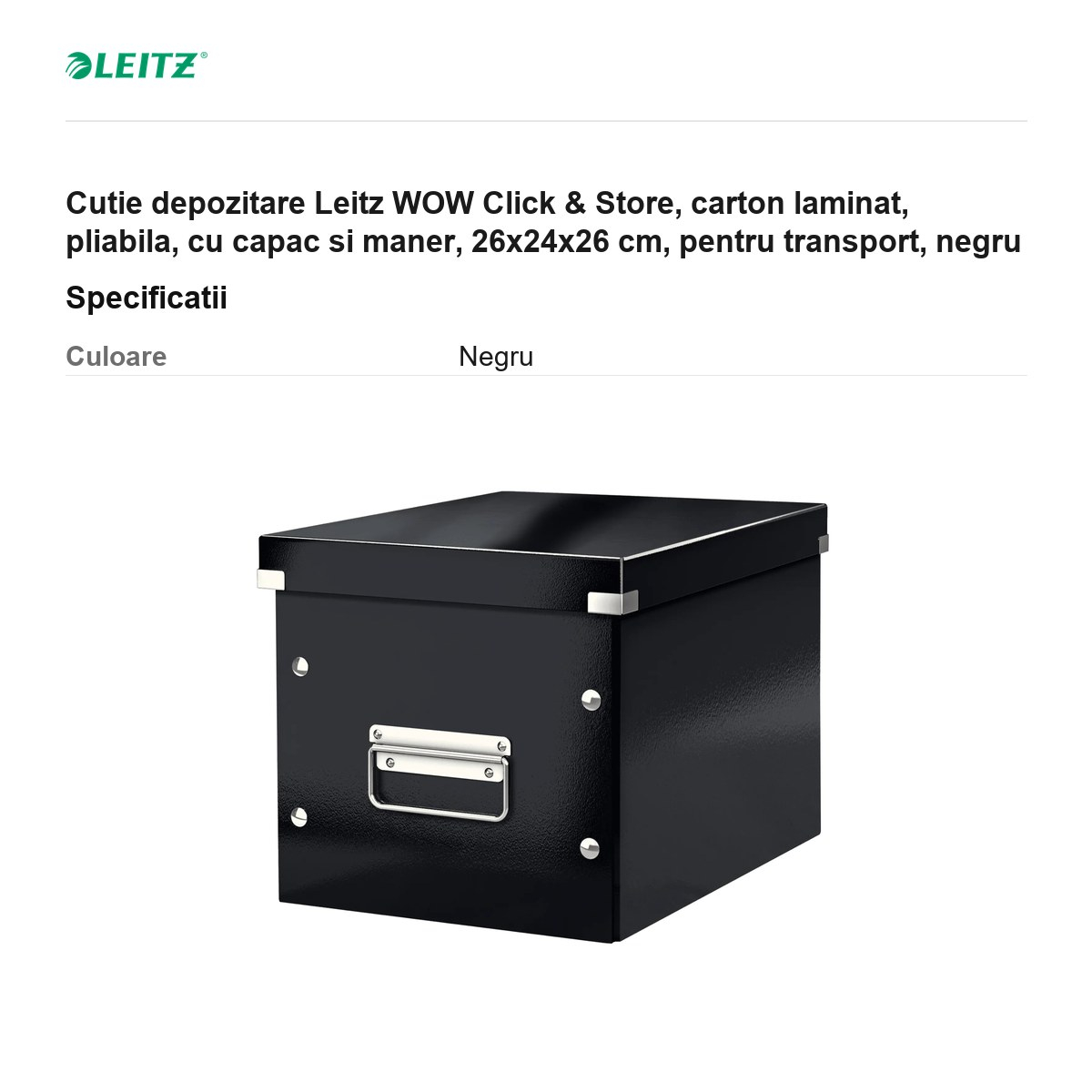Cutie depozitare Leitz WOW Click & Store, carton laminat, pliabila, cu capac si maner, 26x24x26 cm, pentru transport, negru [3]