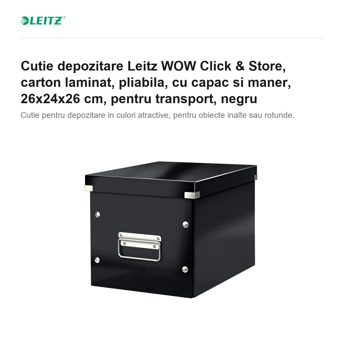 Cutie depozitare Leitz WOW Click & Store, carton laminat, pliabila, cu capac si maner, 26x24x26 cm, pentru transport, negru [2]