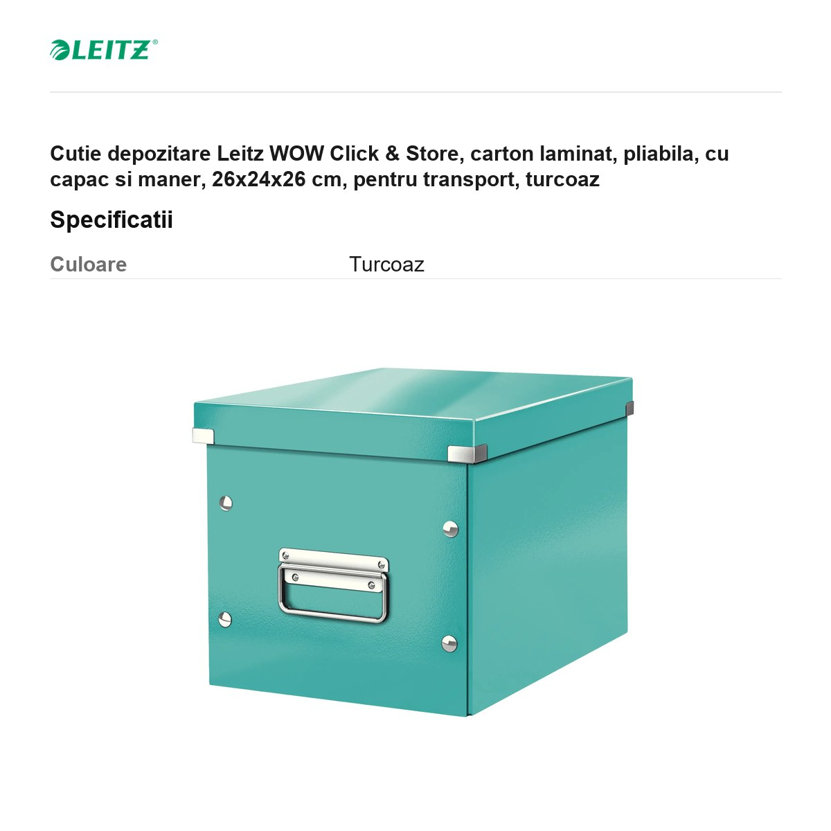 Cutie depozitare Leitz WOW Click & Store, carton laminat, pliabila, cu capac si maner, 26x24x26 cm, pentru transport, turcoaz [3]