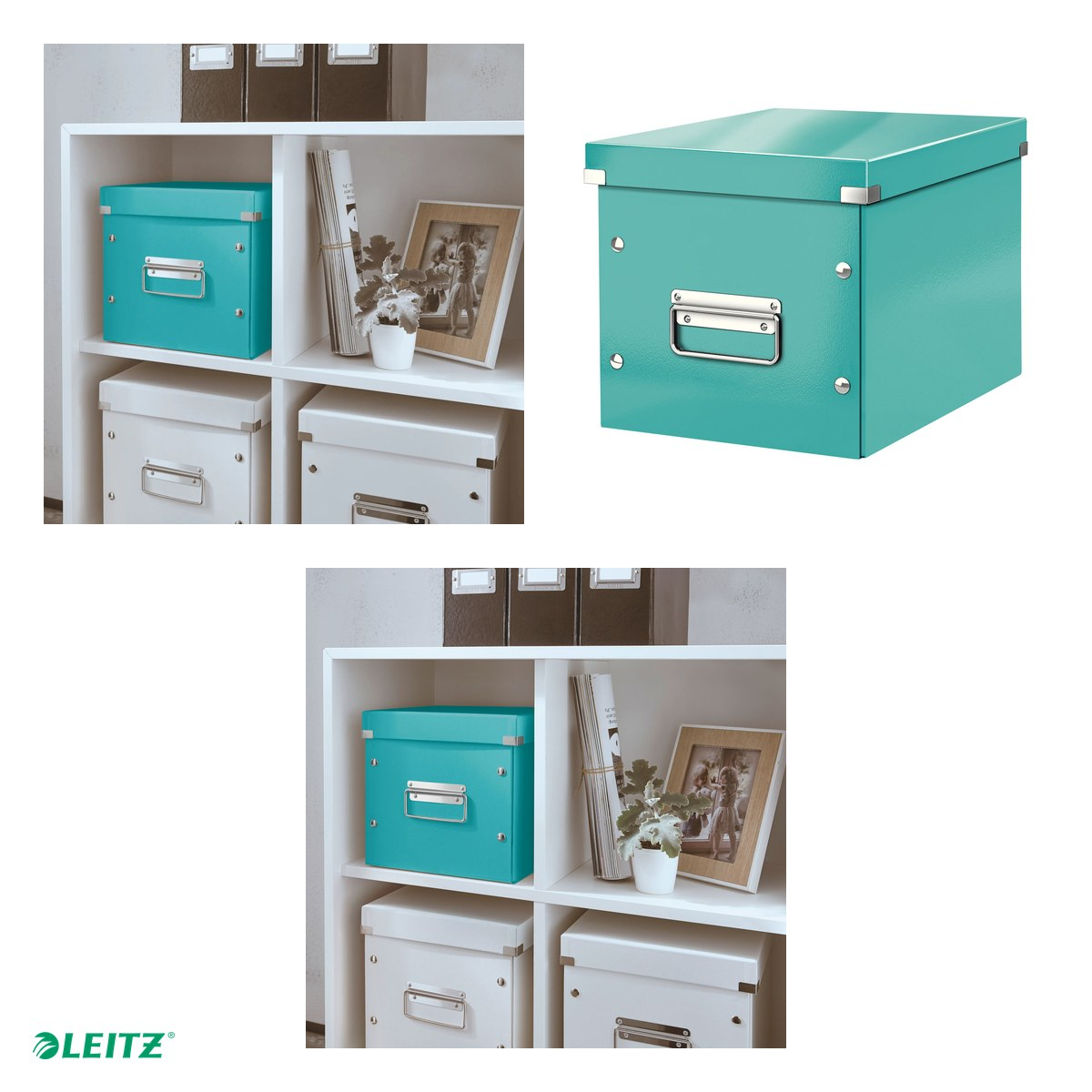 Cutie depozitare Leitz WOW Click & Store, carton laminat, pliabila, cu capac si maner, 26x24x26 cm, pentru transport, turcoaz [4]