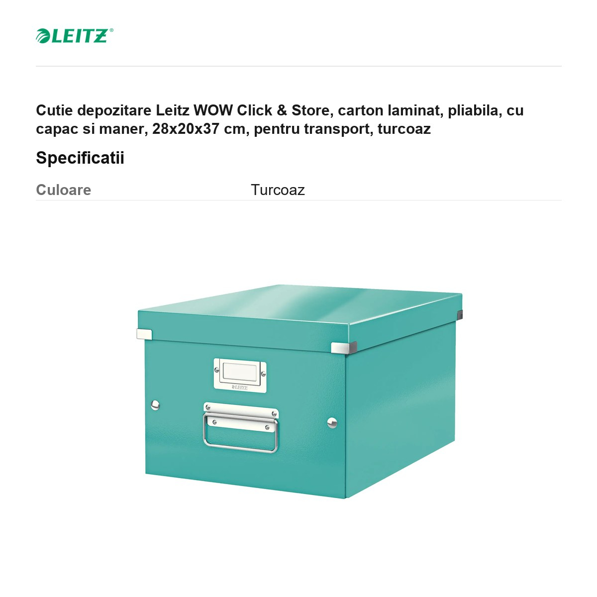 Cutie depozitare Leitz WOW Click & Store, carton laminat, pliabila, cu capac si maner, 28x20x37 cm, pentru transport, turcoaz [3]