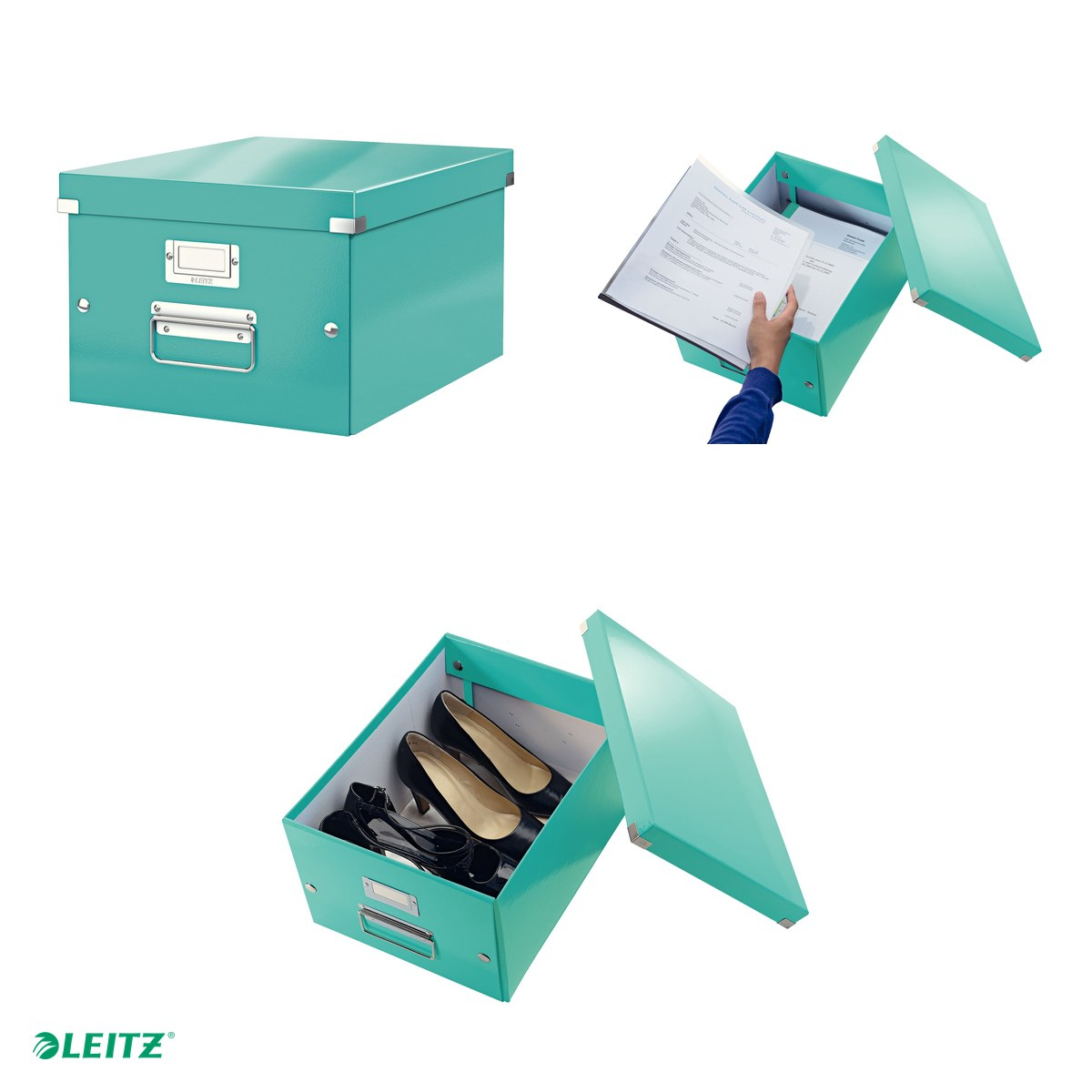 Cutie depozitare Leitz WOW Click & Store, carton laminat, pliabila, cu capac si maner, 28x20x37 cm, pentru transport, turcoaz [4]