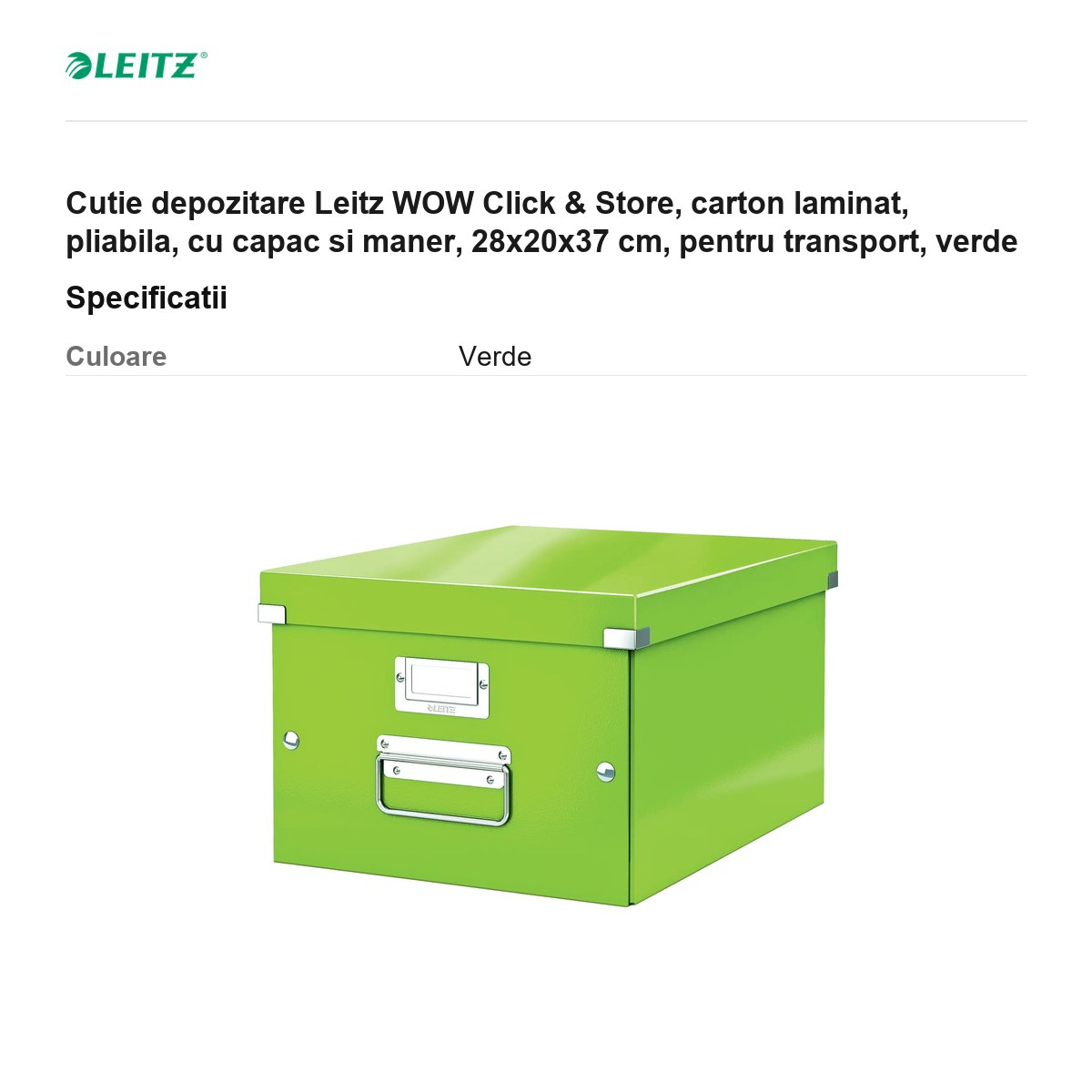 Cutie depozitare Leitz WOW Click & Store, carton laminat, pliabila, cu capac si maner, 28x20x37 cm, pentru transport, verde [3]