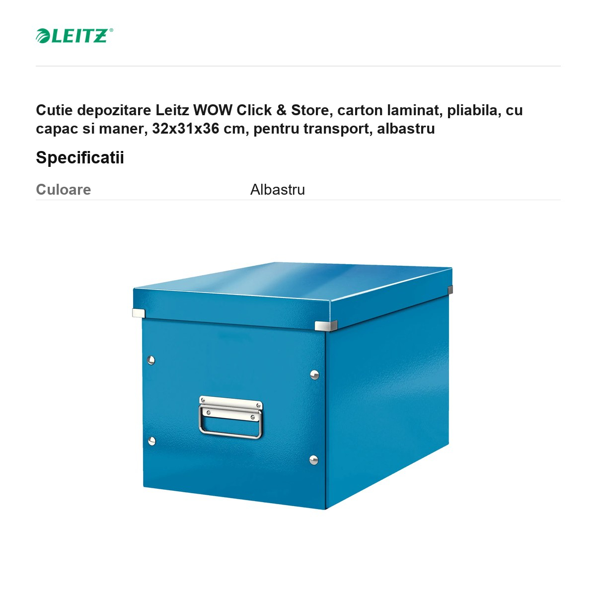Cutie depozitare Leitz WOW Click & Store, carton laminat, pliabila, cu capac si maner, 32x31x36 cm, pentru transport, albastru [3]