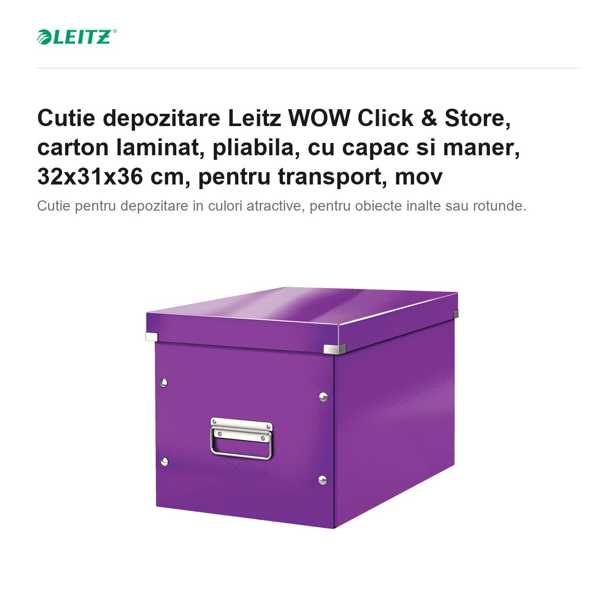 Cutie depozitare Leitz WOW Click & Store, carton laminat, pliabila, cu capac si maner, 32x31x36 cm, pentru transport, mov [2]